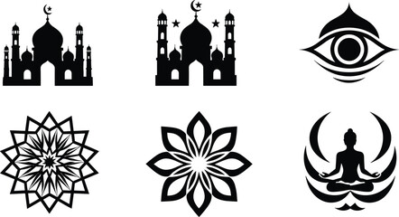 mosque, crescent, moon, star, Islamic, religion, prayer, worship, spirituality, meditation, lotus, mandala, symbol, vector, black, white, design, art, peace, illustration