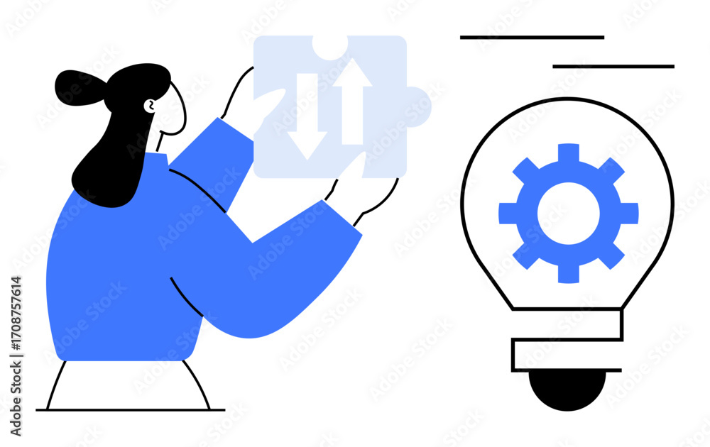 Poster female figure holding puzzle piece with arrows representing problem-solving, next to a lightbulb wit