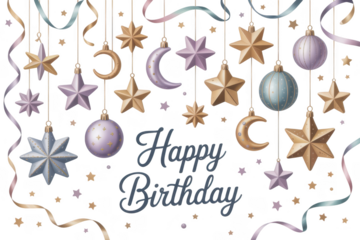 Happy Birthday Hanging Ornaments Stars Moon and Balls with Confetti on Black Background isolated on a transparent background