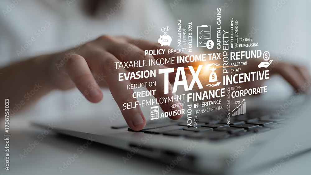 Poster a close-up view of hands typing on a laptop, surrounded by floating tax-related terms. this image re