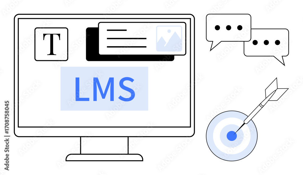 Aufkleber computer screen with lms elements, text editor, image tools, chat messages, and target with an arrow