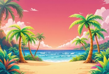 Obraz premium Fun Playful Cheerful Island Scene with Exaggerated Palm Trees Children s Illustration