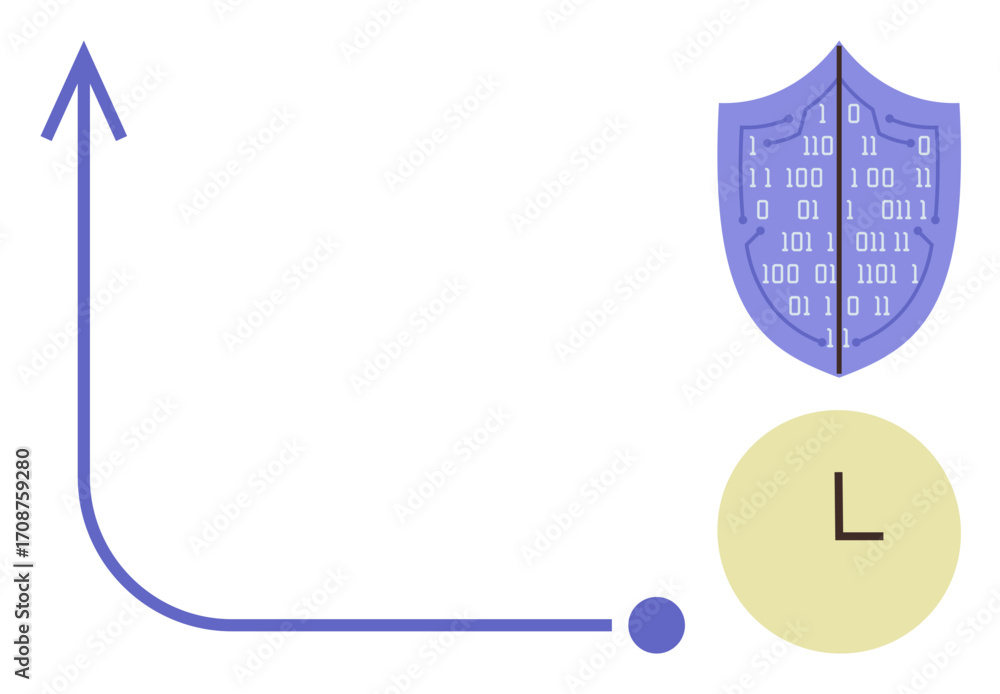 Aufkleber arrow showing upward progress, shield with binary code symbolizing cybersecurity, and a clock for ti
