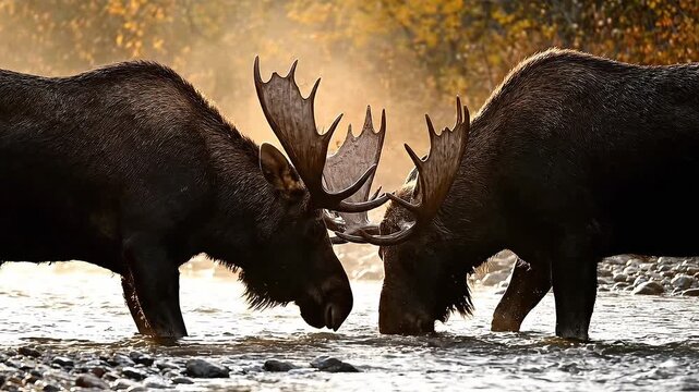 Two majestic bull moose with huge antlers spar in a river, backlit by golden sunset light. Epic wildlife footage of animals fighting in their natural autumn habitat.

