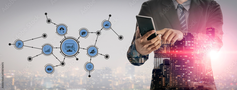 Poster a businessman interacts with a smartphone while a digital network emerges behind him, showcasing the