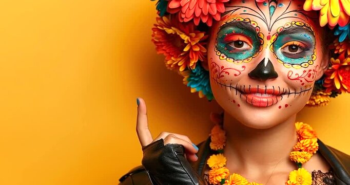 Woman with vibrant day of the dead sugar skull makeup and colorful flower headdress pointing finger, celebrating dia de los muertos 4k video