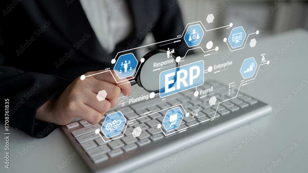 Poster a business professional engages with a keyboard, illustrating enterprise resource planning concepts 