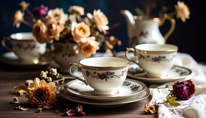 Elegant Vintage Tea Set with Dried Roses and Flowers on Wooden Table