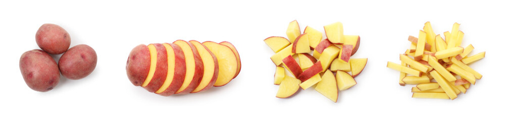 Raw red potatoes isolated on white, collage. Whole and cut
