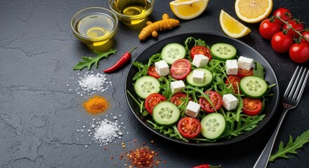 Fresh and Healthy Salad with Feta Cheese Tomatoes and Cucumbers