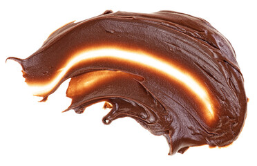 Delicious chocolate paste with hazelnuts isolated on a white background, top view. Chocolate smear, melted chocolate.