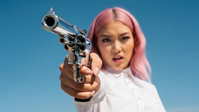 young asian woman with pink hair confidently points revolver towards camera against clear blue sky. intense expression, strength and empowerment. vintage fashion and style. femme fatale concept.