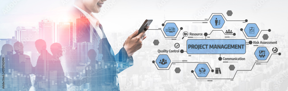 Aufkleber a businessman interacts with a smartphone while surrounded by a digital project management interface