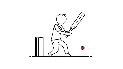 A simple line drawing of a person playing cricket, swinging a bat at a ball near wickets.