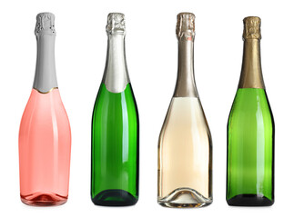 Bottles with sparkling wine isolated on white, set