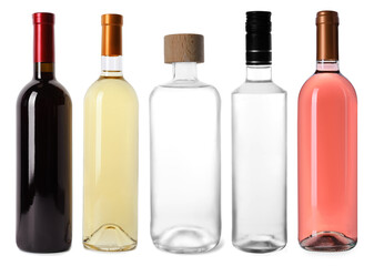 Bottles with different alcoholic drinks isolated on white, set