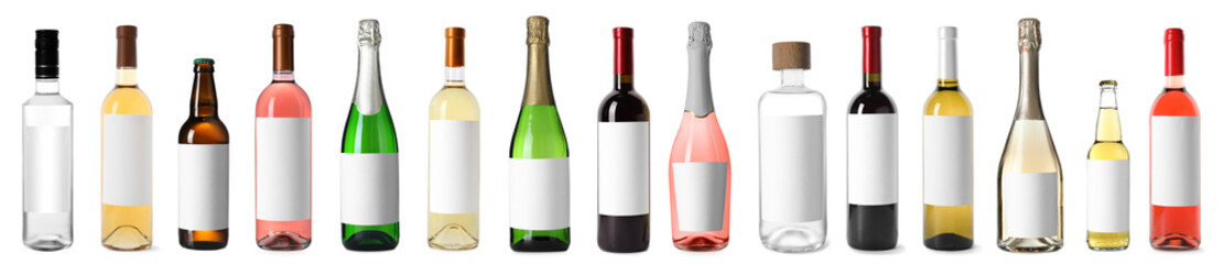 Bottles with empty labels isolated on white, set. Alcoholic drinks