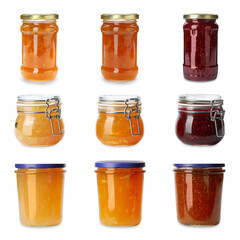 Different jams in jars isolated on white, set