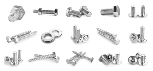 Metal nuts, bolts and screws isolated on white, set