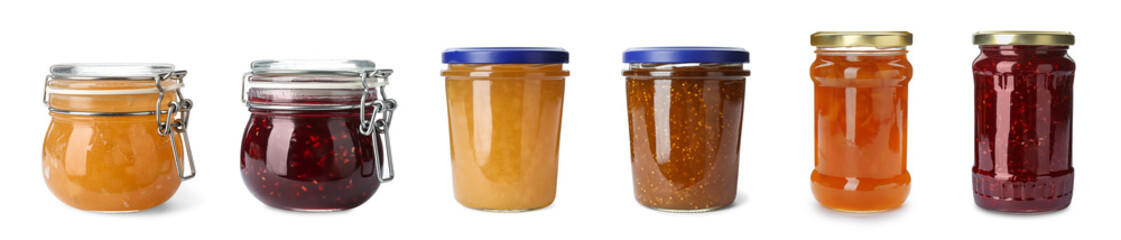 Different jams in jars isolated on white, set