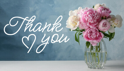 Thank You card design with peony flowers in vase on table