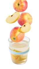Compot ingredients. Fresh apples falling into glass of drink against white background
