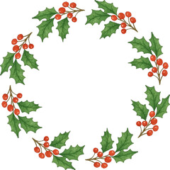 Winter berry circle frame. Round border of winter berries. viburnum with leaves, have different shapes and are arranged in a circle. Vector square, isolated on a white background.