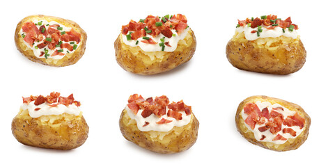 Stuffed potatoes isolated on white, collage. Top and side view