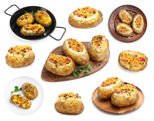 Tasty baked potatoes with stuffing isolated on white, set