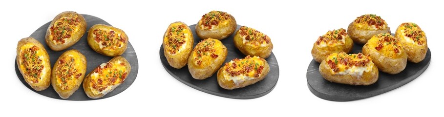 Stuffed potatoes isolated on white, collage. Top and side view