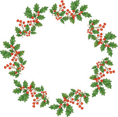 Winter berry circle frame. Round border of winter berries. viburnum with leaves, have different shapes and are arranged in a circle. Vector square, isolated on a white background.