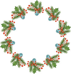 Winter berry circle frame. Round border of winter berries. viburnum with leaves, have different shapes and are arranged in a circle. Vector square, isolated on a white background.