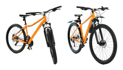 Modern orange bicycle isolated on white, collage