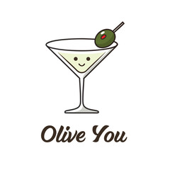 Martini cocktail has an olive garnish and cute smiling face with a transparent background