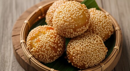 Close up of golden brown baked sesame balls coated in white sesame seeds resting in a woven basket with a banana leaf lining