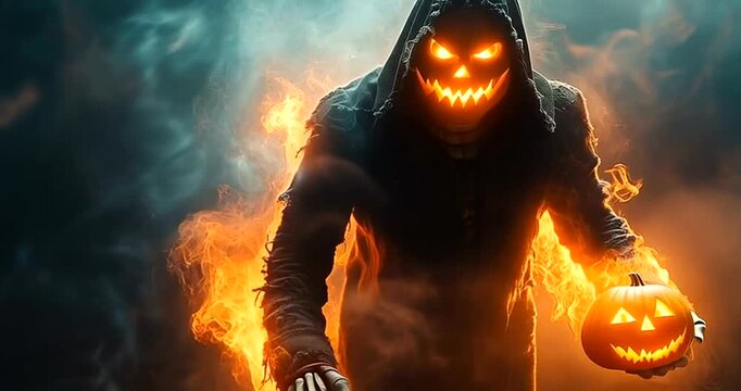 A terrifying grim reaper figure with a glowing jackolantern head, engulfed in flames and smoke, embodying the spirit of halloween and horror 4k video