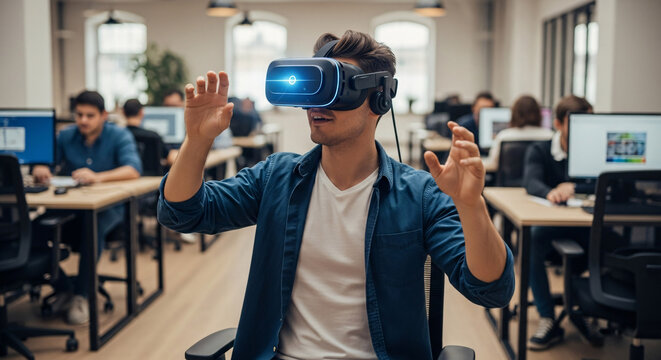 Man using VR headset in modern office environment.