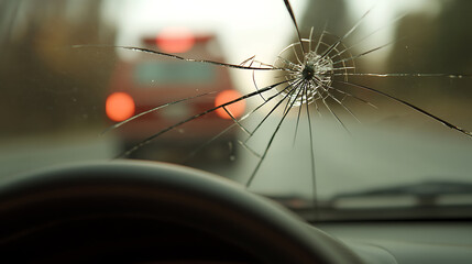 Impact! A car windshield spiderwebs after a collision. Safety glass shatters, creating a dangerous driving hazard. Seek immediate repairs!