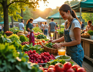 A woman in a denim apron stands at a table at a bustling farmer's market, holding a basket of fresh vegetables and preparing to serve herself.