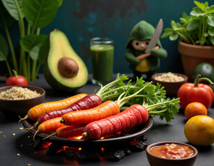 A vibrant spread of food features fresh produce, grains, and sauces on a green tablecloth, accompanied by a small figurine of a chef.
