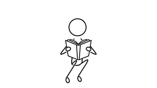 A minimalist black and white line drawing of a stick figure sitting down and reading an open book.