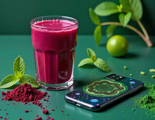 A vibrant pink smoothie, green lime, silver phone, and red powder are arranged on a green surface.