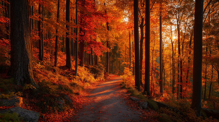 Autumn forest with vibrant orange and red leaves, winding path leading through trees, warm golden hour glow