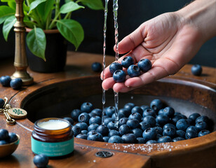 A hand pours water over a bowl of fresh blueberries, creating a dynamic and refreshing scene with a rustic wooden table, green plant, and gold candlestick in the background.
