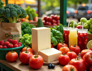 A wooden table brims with an array of fresh, organic produce, including ripe tomatoes, creamy cheese, leafy greens, broccoli, and red apples, all arranged for an inviting display.