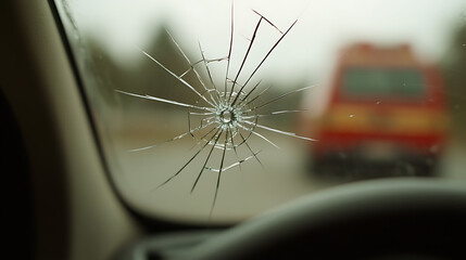 Cracked windshield with vehicle in the distance. Safety is important. Please drive safely, don't use the mobile phone while driving. Focus on driving.