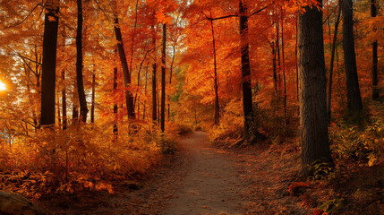 Fototapeta premium Autumn forest with vibrant orange and red leaves, winding path leading through trees, warm golden hour glow