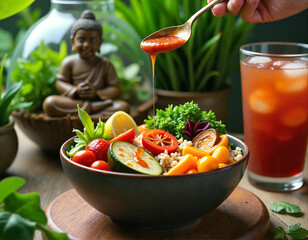 A vibrant salad with tomatoes, cucumber, bell pepper, and greens is served in a black bowl, accompanied by a refreshing drink and lush greenery.