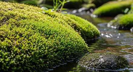 Close-up view of moss growing on rocks beside a small stream.
