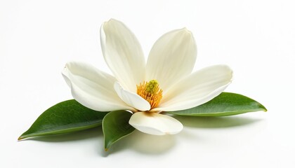 Obraz premium Elegant white magnolia flower with vibrant green leaves isolated on clean white background. Close-up macro shot highlights delicate petals, intricate stamen, perfect for themes of nature, beauty,